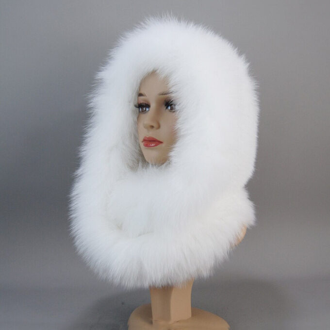 Knitted White Fox Fur Hat Hood Scarf