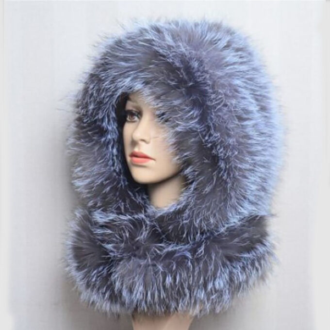 Knitted Silver Fox Fur Hat Hood Scarf in One