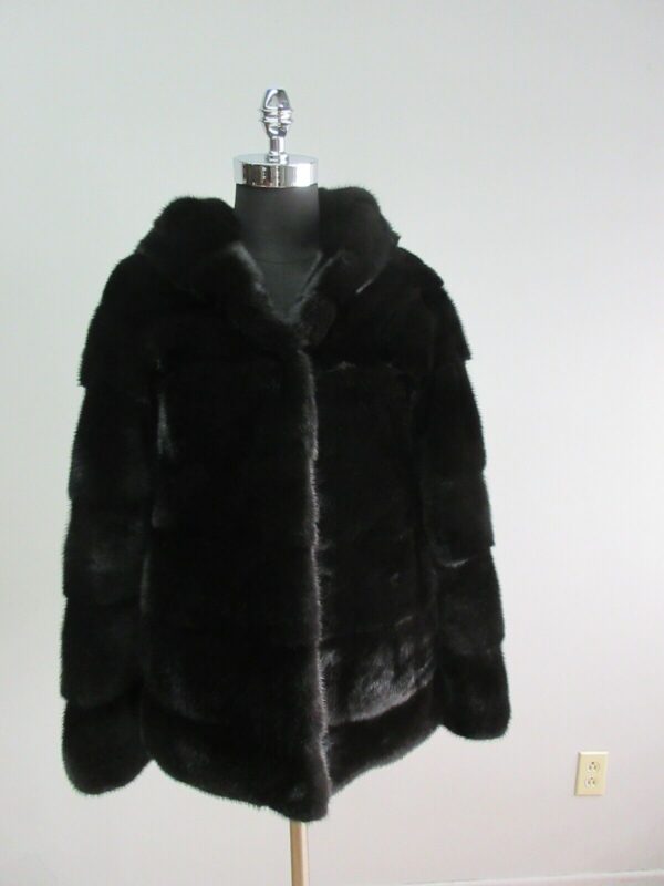 Black Mink Fur Coat Jacket with HOOD - Image 2