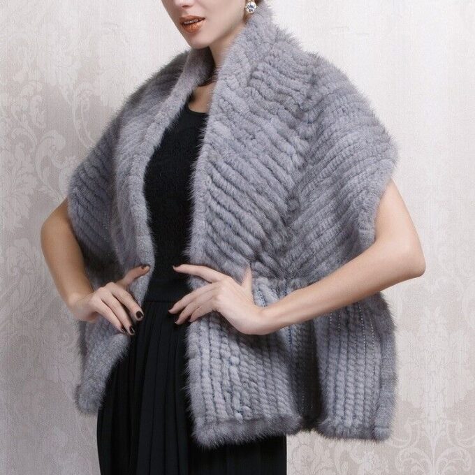 Knitted Mink Fur Cape Shawl Stole Wrap Cape WEDDING Natural Sapphire