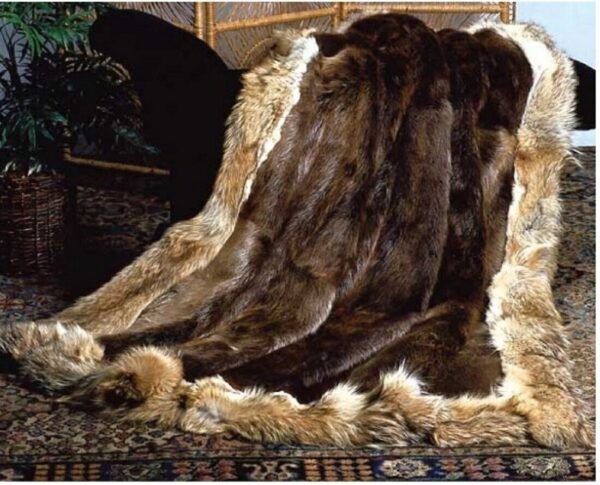 NEW Beaver Fur Blanket with Coyote Fur Trim Throw Rug Bedspread