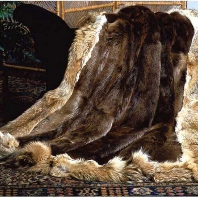 Beaver Fur Blanket with Coyote Fur Trim Throw Rug Bedspread New