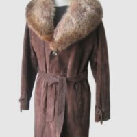 Suede Brown Coat with Raccoon Fur Collar MINT Sz 8