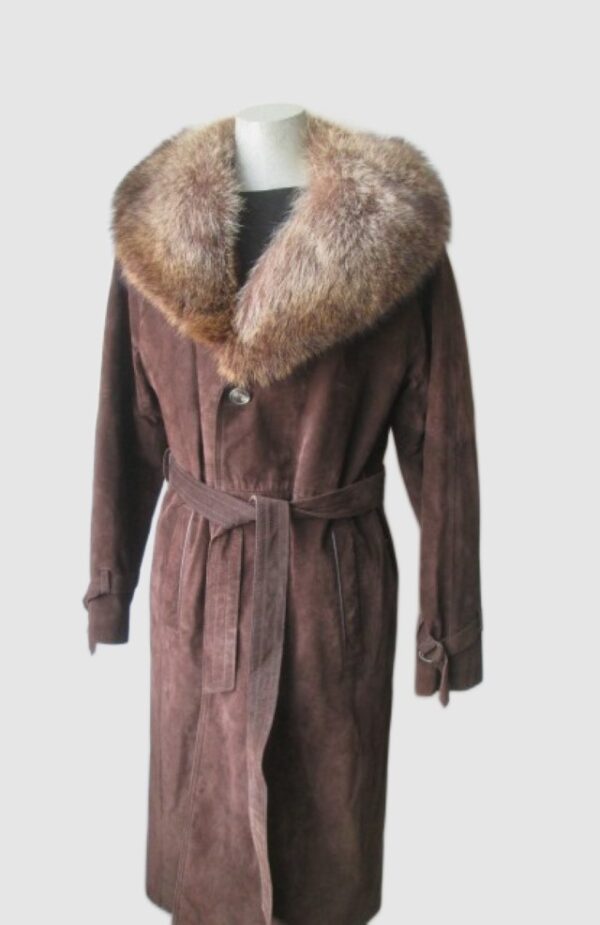 Suede Brown Coat with Raccoon Fur Collar MINT Sz 8