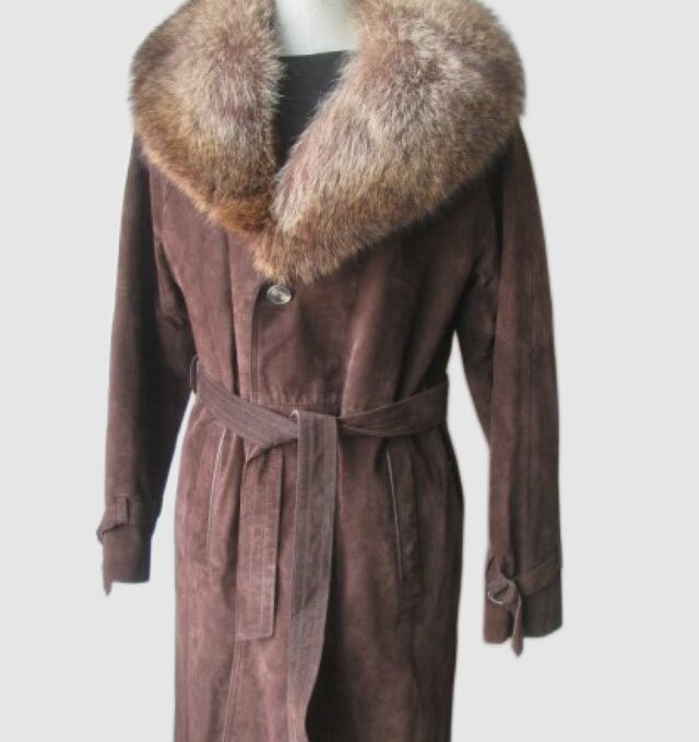 Suede Brown Coat with Raccoon Fur Collar MINT Sz 8