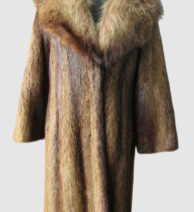 Nutria Fur Coat Jacket Raccoon Fur Collar Sz 6