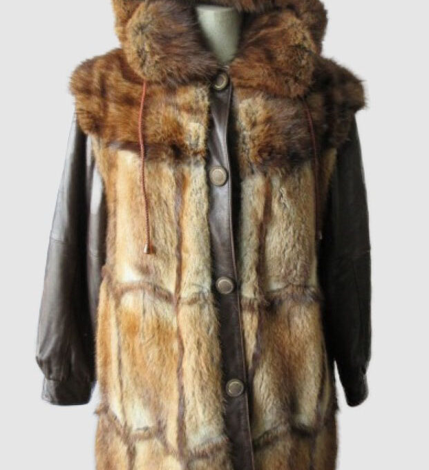Muskrat Fur Jacket Coat Vest Leather HOOD Superb  Sz 8
