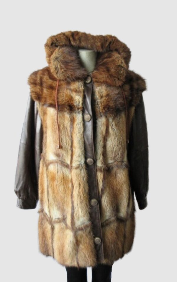 Muskrat Fur Jacket Coat Vest Leather HOOD Superb  Sz 8