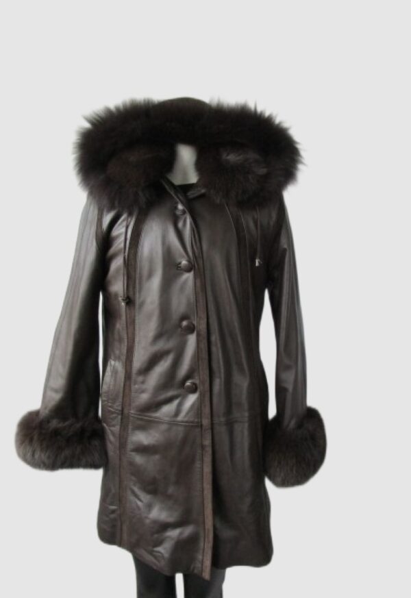 Leather Jacket Coat HOOD Fox Fur Collar Cuffs SUPERB Sz 8 Brown