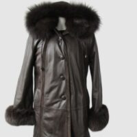 Leather Jacket Coat HOOD Fox Fur Collar Cuffs SUPERB Sz 8 Brown