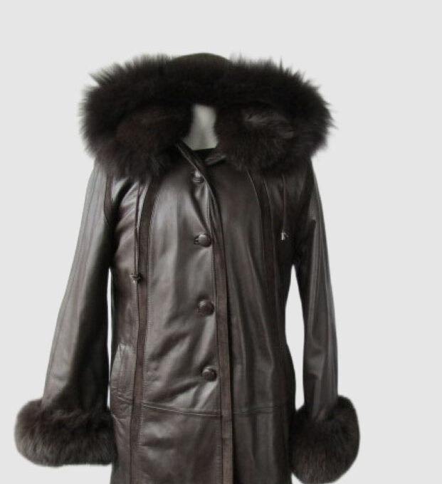 Leather Jacket Coat HOOD Fox Fur Collar Cuffs SUPERB Sz 8 Brown