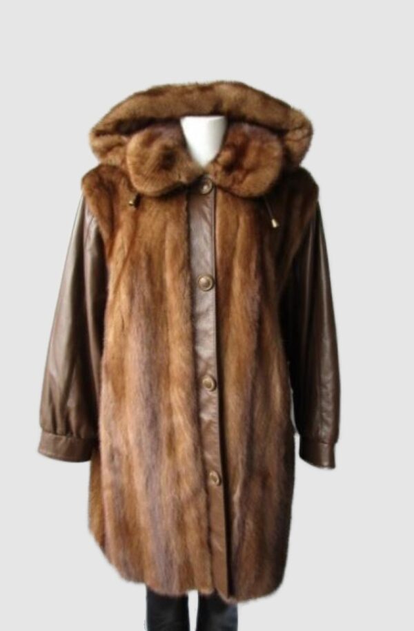 Mink Fur Coat Jacket with Brown Leather and Hood MINT Sz 12 Natural Pastel