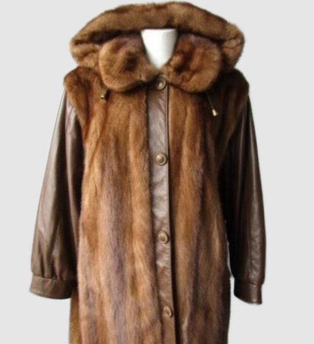 Mink Fur Coat Jacket with Brown Leather and Hood MINT Sz 12 Natural Pastel