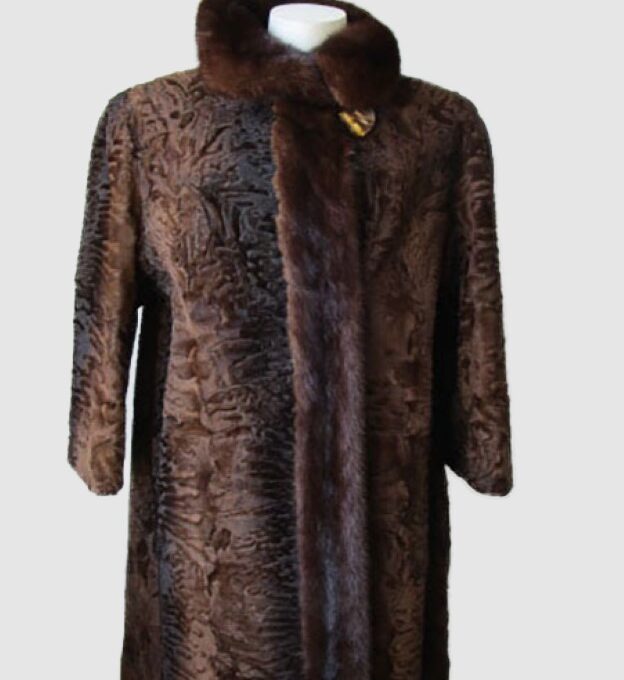 Swakara and Mink Fur Coat Jacket Brown Excellent Sz 12