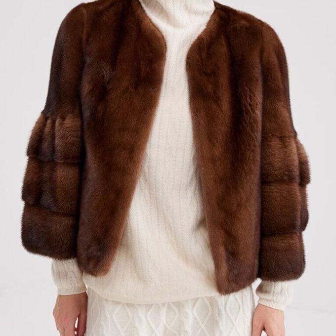 Mink Fur Bolero Jacket Coat Sz M Natural Dark Brown