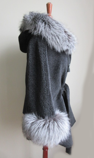 Women's Pure Alpaca Jacket Coat Cape with Silver Fox Fur Trims and Fixed Hood - Image 3
