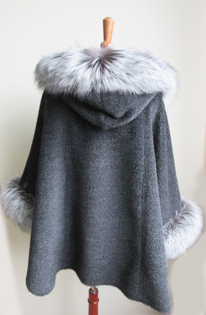 Women's Pure Alpaca Jacket Coat Cape with Silver Fox Fur Trims and Fixed Hood - Image 5