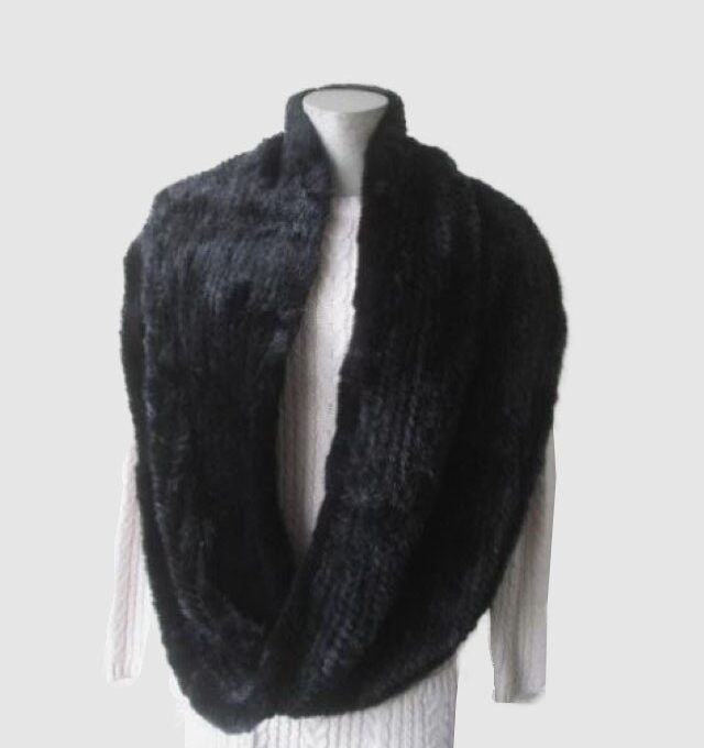 Knitted Mink Fur Tube Infinity Wrap Scarf Neck Warmer Black / Dark Ranch