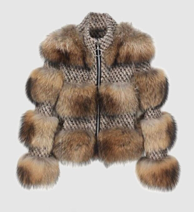 Finn Raccoon Fur Trimmed Wool Blend Bolero Jacket Brown Sz S