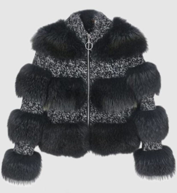 Black Fox Fur Trimmed Wool Blend Bolero Jacket Sz
