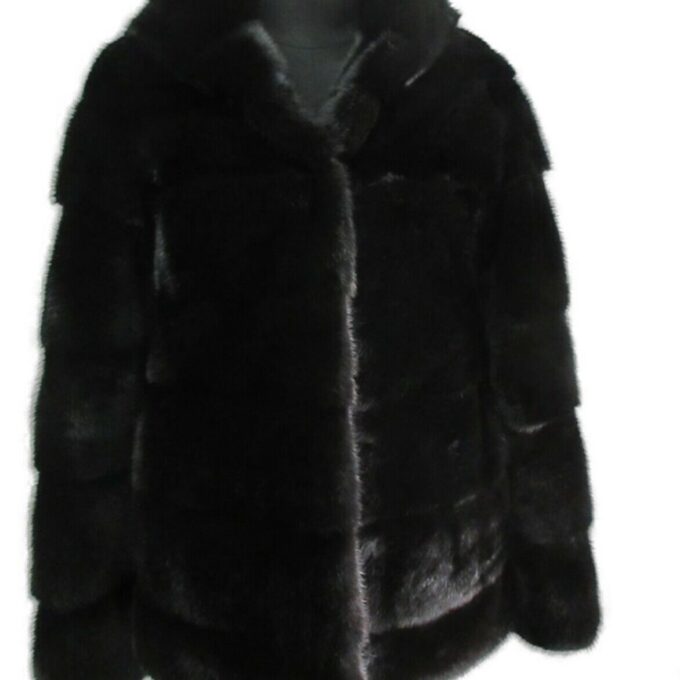 Mink Fur Coat Jacket with HOOD Natural Black