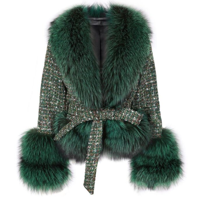 Tweed Jacket with Fox Fur Green Multicolor