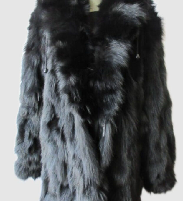 Black Fox Fur Coat Jacket with Hood