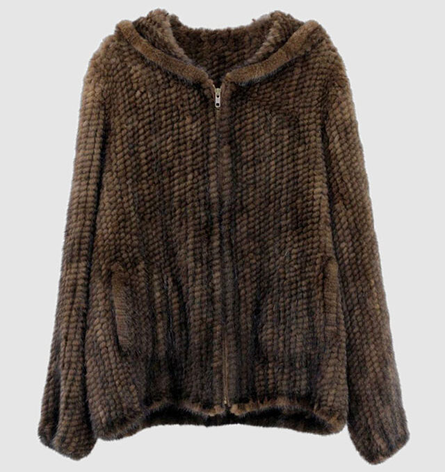 Knitted Mink Fur Coat Bomber Jacket Coat HOOD Brown Sz L