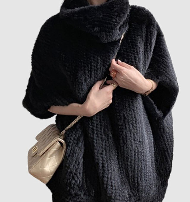 Knitted Mink Fur Poncho Sweater Black