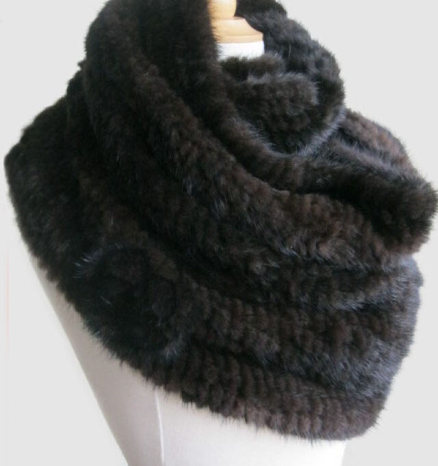 Knitted Mink Fur Tube Infinity Wrap Scarf Neck Warmer Black / Dark Ranch