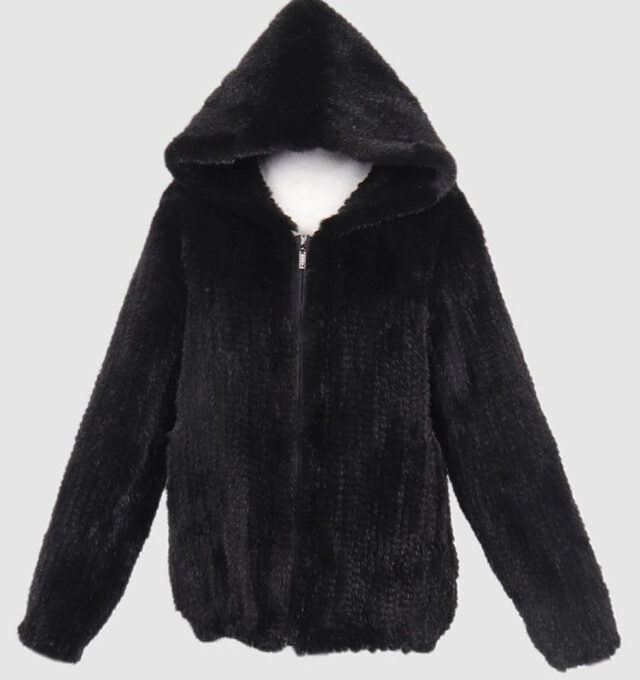 Knitted Mink Fur Coat Bomber Jacket Coat HOOD Black Sz L