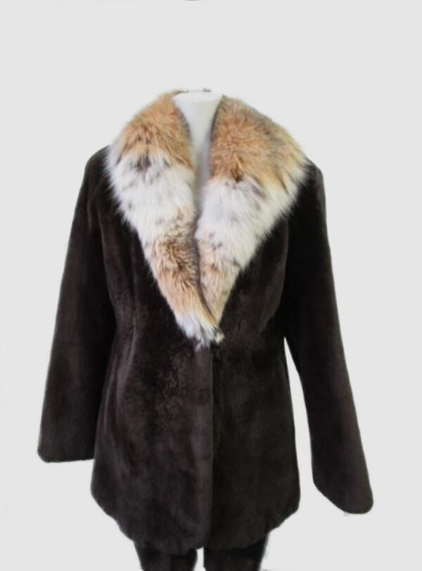 Sheared Beaver Fur Jacket Coat with Lynx Fur Collar Sz 6 Brown New