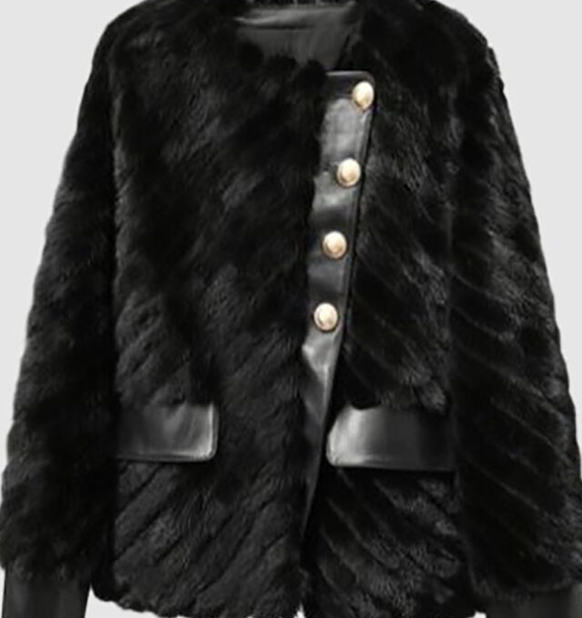 Mink Fur with Leather Jacket Coat Natural Black