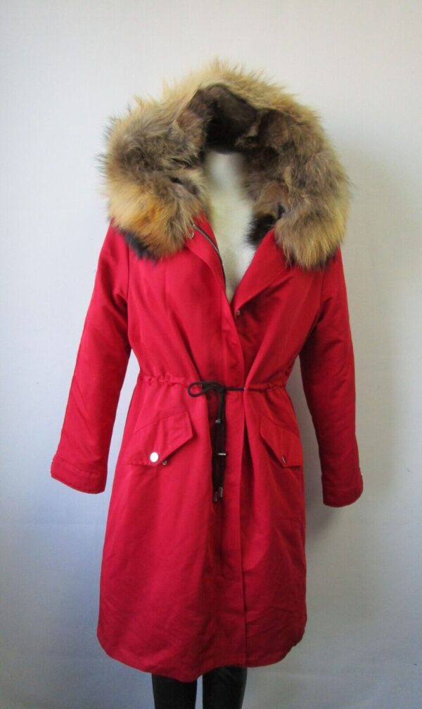 Women's Red Winter Coat Jacket Parka Hood Raccoon Fur MINT+