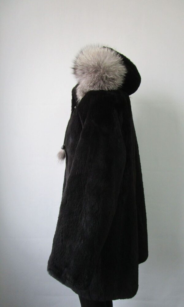 Women's Sz 12 SUPERB Black Sheared Raccoon & Fox Fur Coat Jacket Hood Woman - Image 4