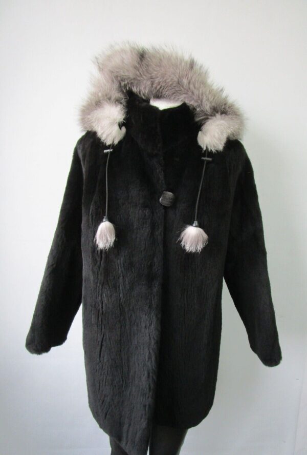 Women's Sz 12 SUPERB Black Sheared Raccoon & Fox Fur Coat Jacket Hood Woman