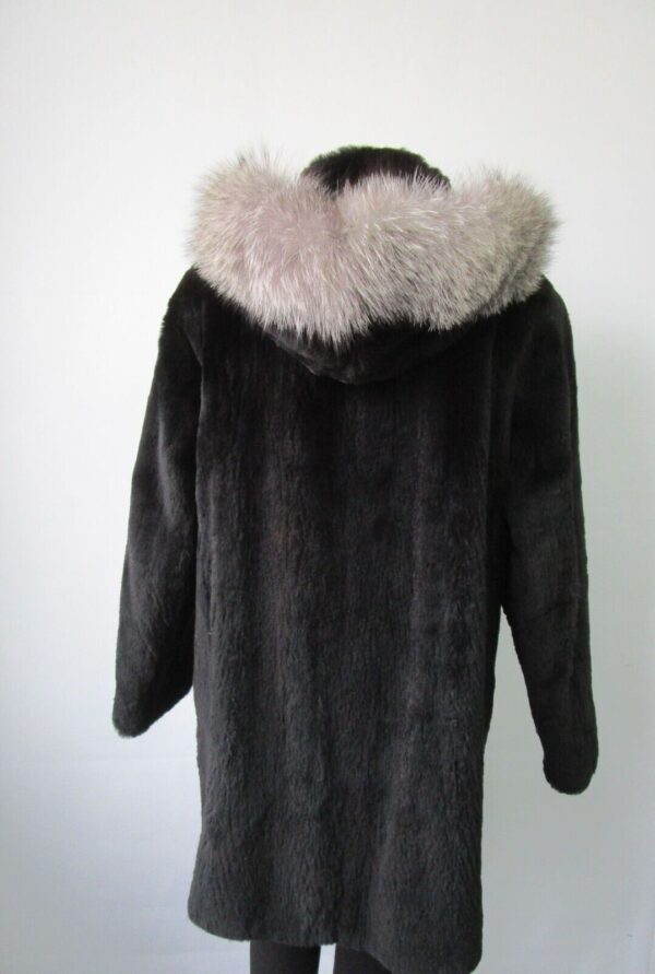 Women's Sz 12 SUPERB Black Sheared Raccoon & Fox Fur Coat Jacket Hood Woman - Image 5