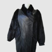 Leather Coat Jacket with Muskrat Fur Women's  Sz 14 Black MINT