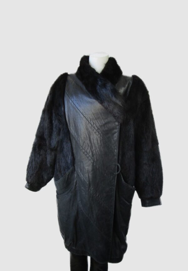 Leather Coat Jacket with Muskrat Fur Women's  Sz 14 Black MINT