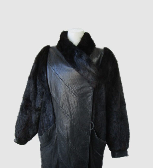 Leather Coat Jacket with Muskrat Fur Women's  Sz 14 Black MINT