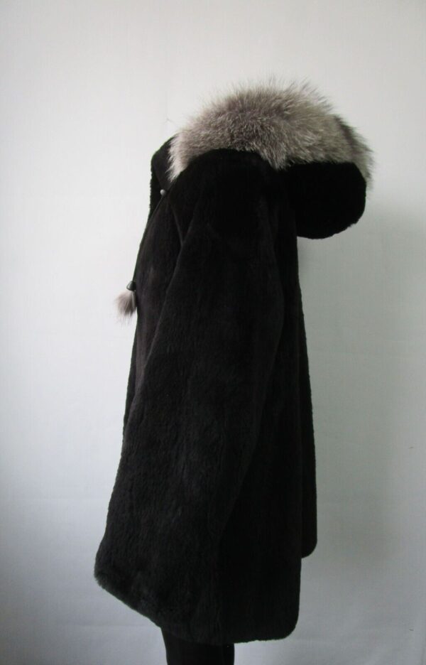 Women's Sz 12 SUPERB Black Sheared Raccoon & Fox Fur Coat Jacket Hood Woman - Image 3