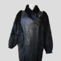 Leather Coat Jacket with Muskrat Fur Women's  Sz 14 Black MINT