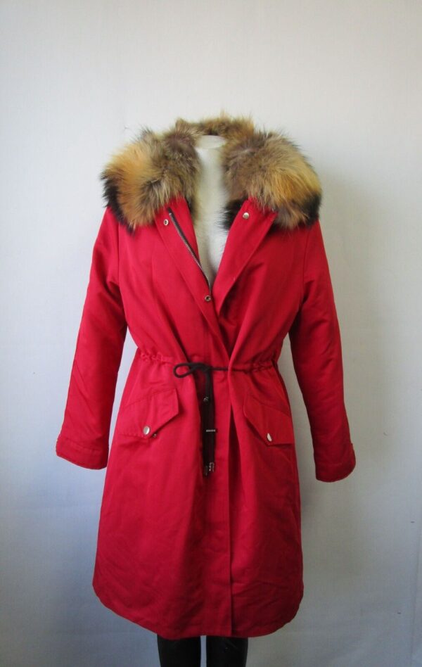 Women's Red Winter Coat Jacket Parka Hood Raccoon Fur MINT+ - Image 2