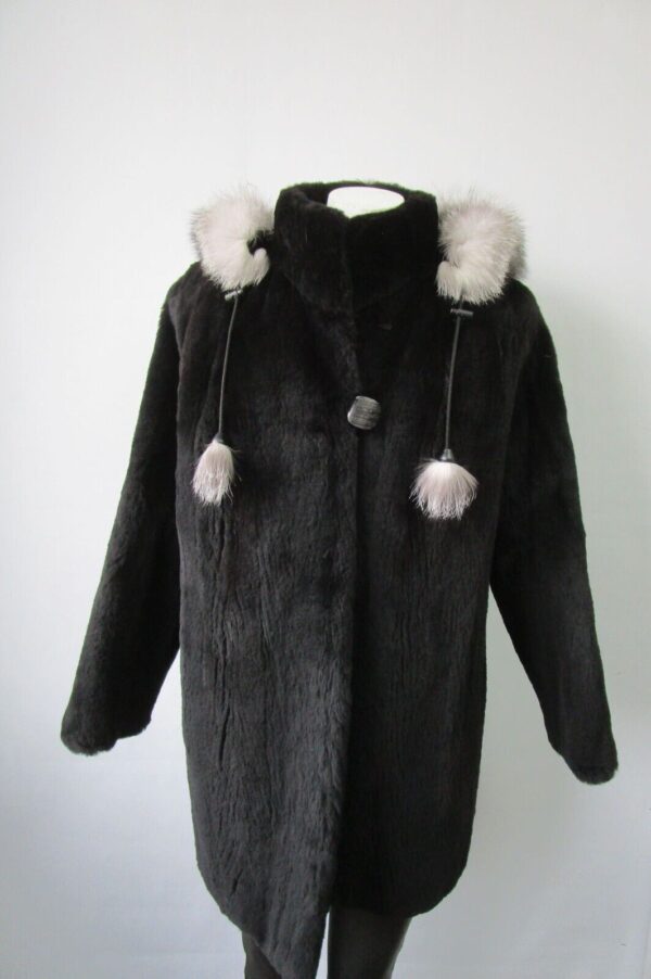 Women's Sz 12 SUPERB Black Sheared Raccoon & Fox Fur Coat Jacket Hood Woman - Image 2