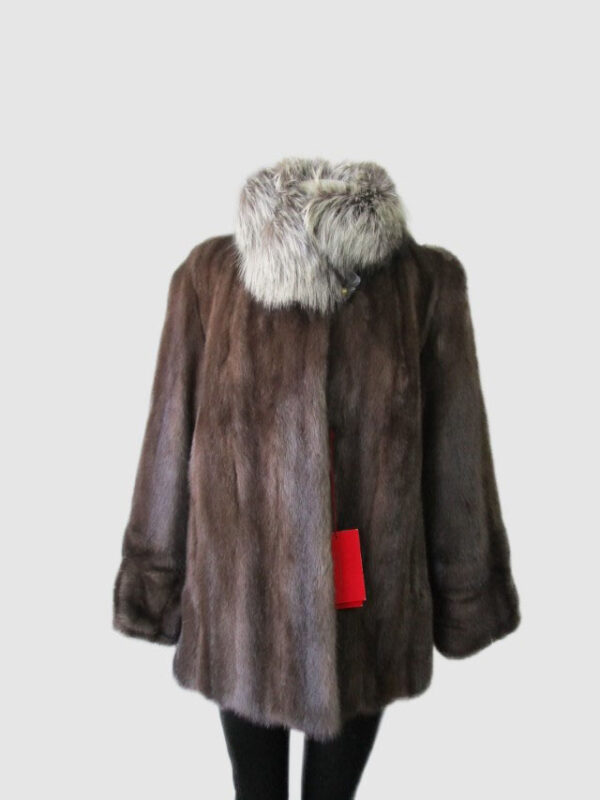 Mink Fur Coat Jacket Stroller Silver Fox Fur Collar Women's Sz 12 New