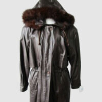 Leather Jacket Coat with HOOD Fox Fur Trim SUPERB Women's Sz 10 Brown