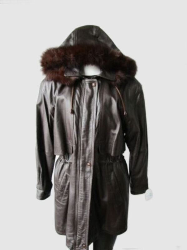 Leather Jacket Coat with HOOD Fox Fur Trim SUPERB Women's Sz 10 Brown
