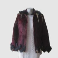 Sheared Muskrat with Black Real Fox Fur SUPERB Women's Sz 2 Burgundy