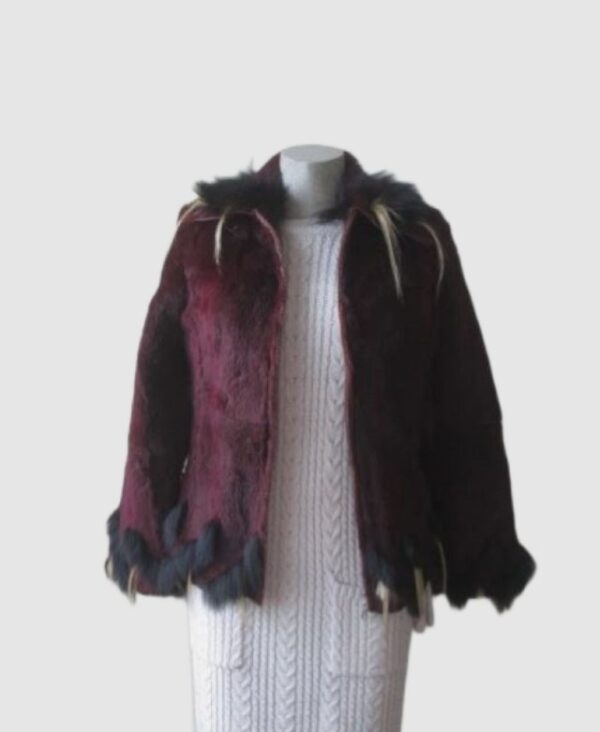 Sheared Muskrat with Black Real Fox Fur SUPERB Women's Sz 2 Burgundy