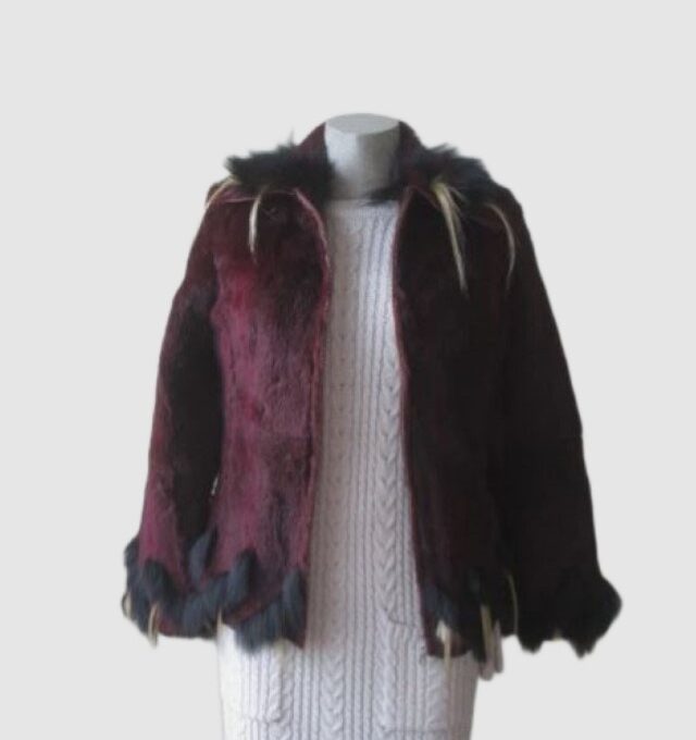 Sheared Muskrat with Black Real Fox Fur SUPERB Women's Sz 2 Burgundy